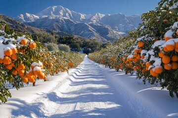 Orange orchard covered in snow with mountain backdrop on sunny winter day