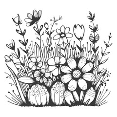 A Hand Drawn Black And White Illustration Of A Cluster Of Flowers And Leaves