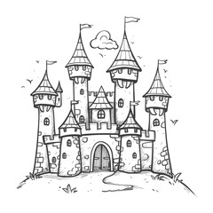 Obraz premium A Hand Drawn Illustration Of A Medieval Castle With Towers And Flags