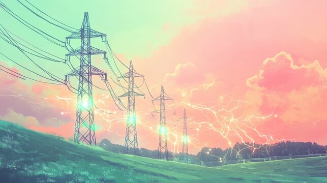 A surreal landscape featuring power lines under a colorful sky with electrifying energy.