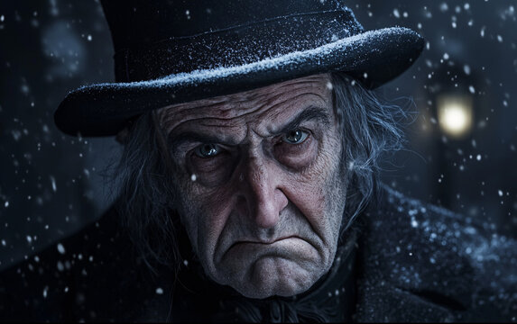 Ebenezer Scrooge in Top Hat During a Snowy Winter Night &ndash; A Chilling Portrait of Dickens&rsquo; Iconic Character