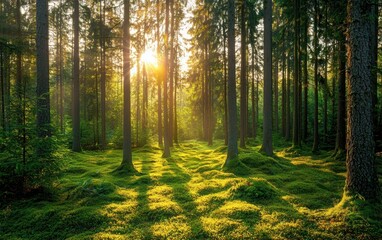 Obraz premium Exploring a moss-covered forest clearing at morning mist woodland landscape photography nature viewpoint tranquil atmosphere