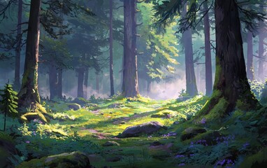 Obraz premium Morning mist envelops moss-covered trees in woodland clearing nature photography tranquil forest scene serene environment close-up view of flora