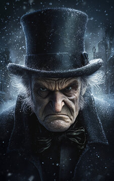 Ebenezer Scrooge in Top Hat During a Snowy Winter Night &ndash; A Chilling Portrait of Dickens&rsquo; Iconic Character