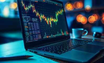 A laptop computer is open to a screen displaying a graph of stock prices