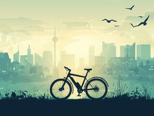 Obraz premium Ecofriendly urban transportationelectric bicycle silhouette against a clean skyline city environment concept of sustainable living