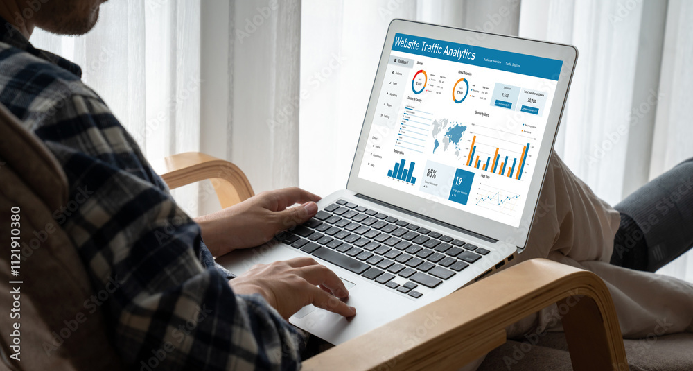 Poster computer software for website traffic analytics data on computer screen. concept of seo search engin