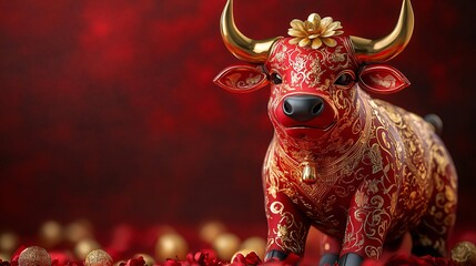 Fototapeta premium A decorative red bull figurine adorned with intricate patterns, symbolizing prosperity and good fortune against a rich red background.
