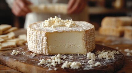 Artisan Cheese on Rustic Wooden Board, Creamy Texture and Delicate Rind