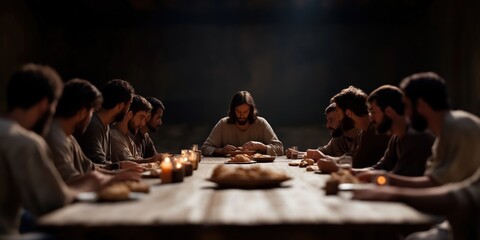 A wide shot of Jesus and his disciples seated at a long table, sharing bread and wine, with warm candlelight creating a contemplative atmosphere