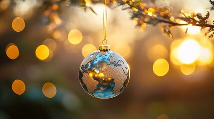Fototapeta premium World-themed Christmas ornament hanging with golden bokeh background. Concept of worldwide celebration