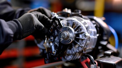 Fototapeta premium Car repairman replacing a faulty alternator, ensuring the car's electrical system functions properly