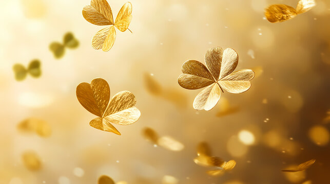 A gold leaf and a green clover falling, featuring eccentric motifs and a glowing quality. Auric. Illustration