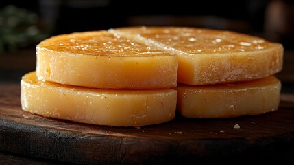 Close-up of Stacked Honey-Glazed Cakes on Wooden Board