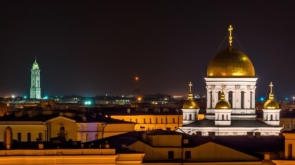 Night view of a city skyline featuring a golden dome and a distant tower.