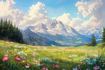 Fototapeta premium Exploring alpine meadows vibrant wildflowers distant mountain range serene nature soft cloud formations lush environment