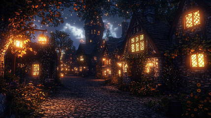 A charming, quaint village scene is illuminated at night, showcasing cobblestone streets lined with...