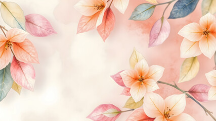 Obraz premium Abstract watercolor floral background with pink flowers and leaves, perfect for spring designs