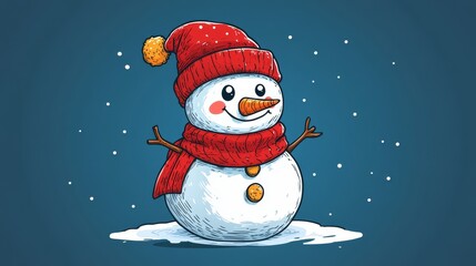 Naklejka premium Cheerful snowman wearing a red hat and scarf in winter landscape
