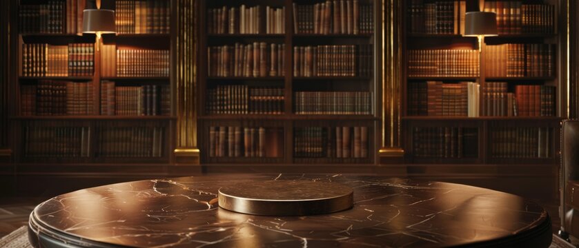 Circular marble pedestal on a polished surface with golden accents, set against shelves of antique books in a warm, elegant library. Ideal for refined displays