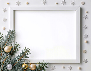 A white frame with a Christmas tree branch and snowflakes surrounding it