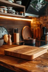 Close-up of a wooden cutting board on a warm, rustic kitchen countertop. Background includes utensils, cookware, and wooden shelves under soft lighting