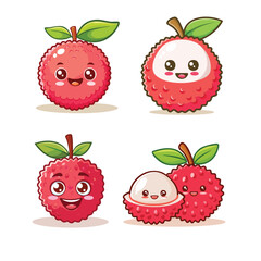vector Cute cartoon lychee fruits with happy faces and green leaves