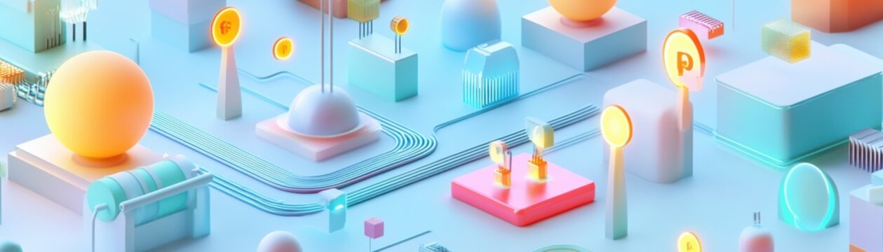 A vibrant, colorful 3D abstract design featuring geometric shapes and glowing elements.