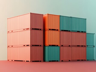 Stacked Shipping Containers in Vibrant Colors Displayed Against a Soft Background, Perfect for Illustrating Logistics, Storage, and Transportation Themes in Creative Projects