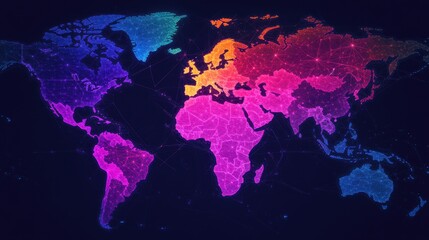 Fototapeta premium Vibrant Digital World Map with Geometric Lines and Bright Colors Highlighting Continents and Countries in a Modern Style