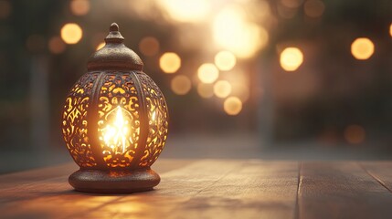 Holy month of Ramadan concept. Burning, glowing golden lamp, on wooden table. Blurred background, selective focus. Copy space for text.