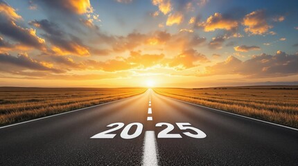 Futuristic business strategy and goal visualization, 2025 year planning theme. A long asphalt road stretching into the horizon, glowing with warm sunset hues, symbolizing growth
