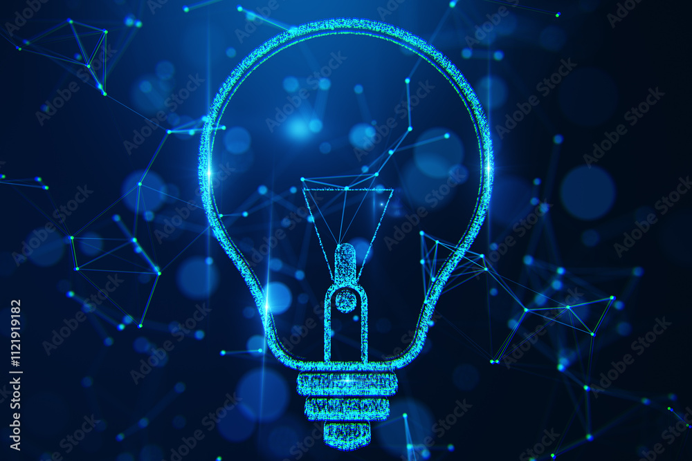 Poster Glowing lightbulb with neon wireframe design symbolizing technology and ideas on a dark blue network background. 3D Rendering