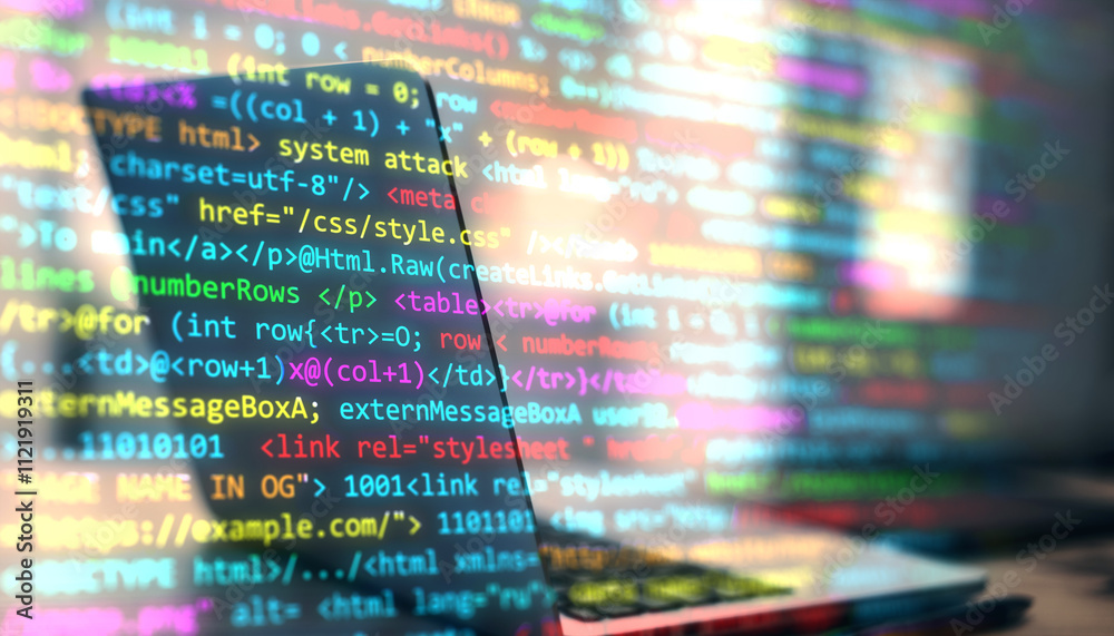 Poster Colorful overlay of programming code on laptop screen, modern tech background.