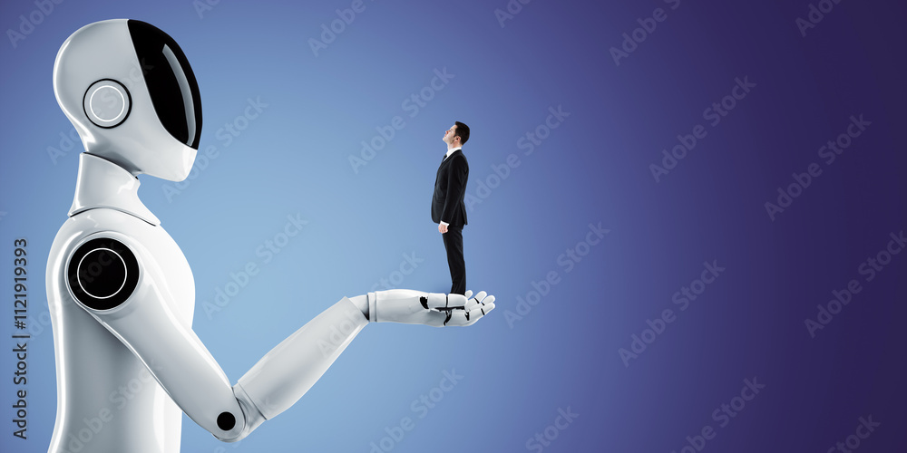 Poster robot holding a businessman in its hand on a blue gradient background, symbolizing technology and hu