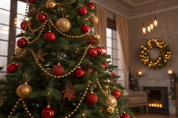 christmas tree and decorations with the words Merry Christmas. Abstract Christmas tree shape snow background