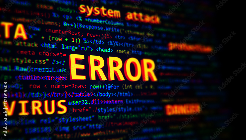 Aufkleber Highlighted ERROR text on colorful code background, representing software problems and system attack concept. 3D Rendering