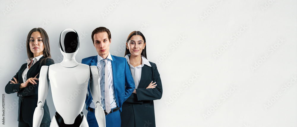 Poster Team of professionals and a robot standing confidently together in formal attire against a neutral background. Concept of teamwork and technology.