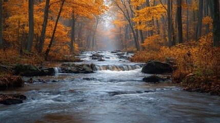 Serene Autumn Creek Flowing Through a Misty Forest
