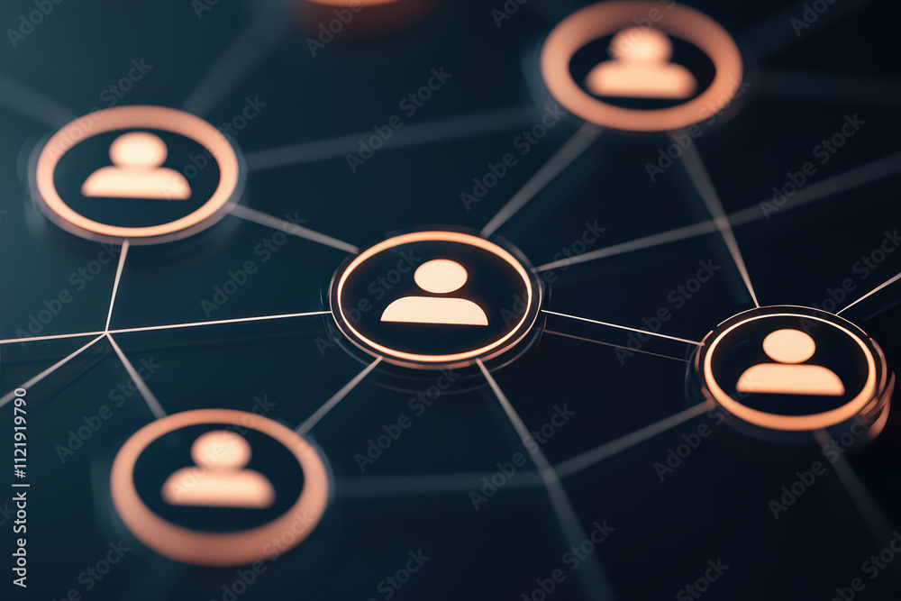 Poster digital network of interconnected user icons representing social connections and relationships. this
