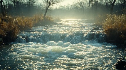 Sunlit River in Autumn: A Tranquil Scene of Nature's Beauty