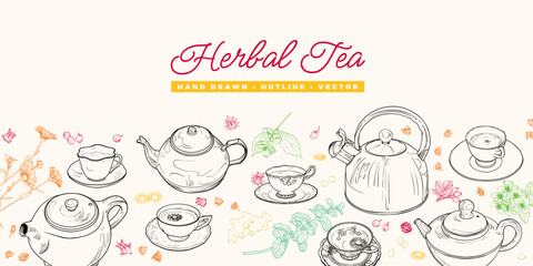 Fototapeta premium Landscape banner with hand drawn teapots, plants and cups. The illustration is outline only. Teas background with text on top. Beverages with plants isolated on white background. 