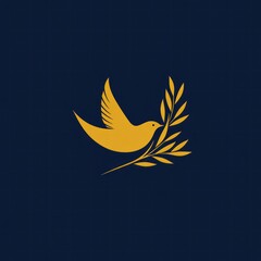 Gold dove carrying olive branch on dark blue background.