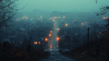Misty Night in a Foggy Town: A Serene View of Houses and Streets