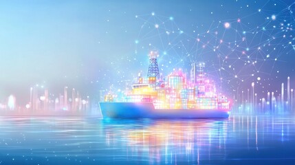 Fototapeta premium A vibrant, illuminated ship floating on calm waters under a starry sky.