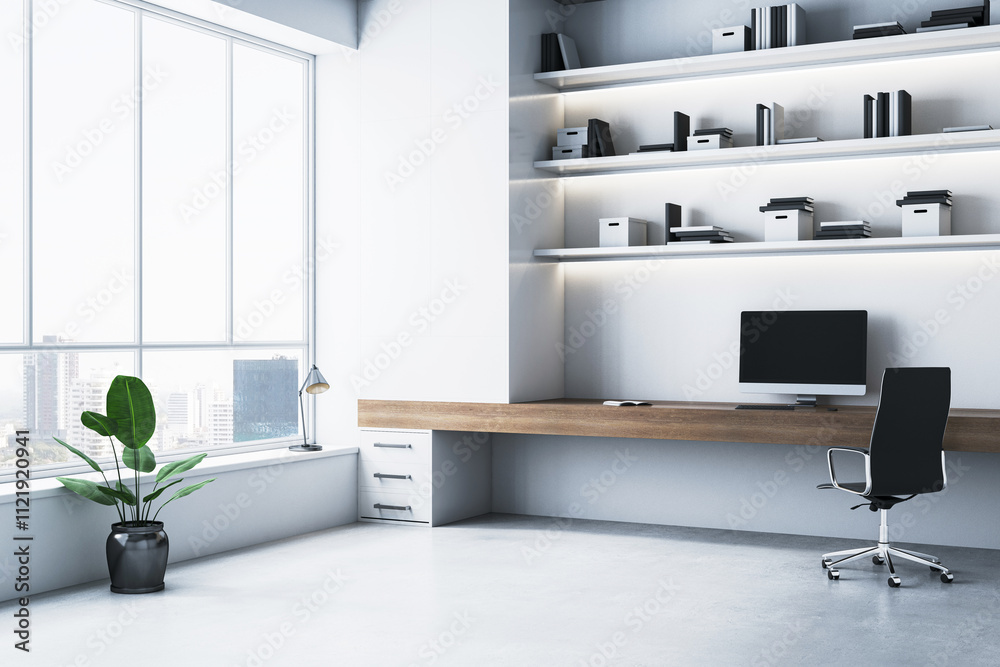 Poster modern minimalist workplace with sleek desk, chair, and computer in bright office with bookshelves a