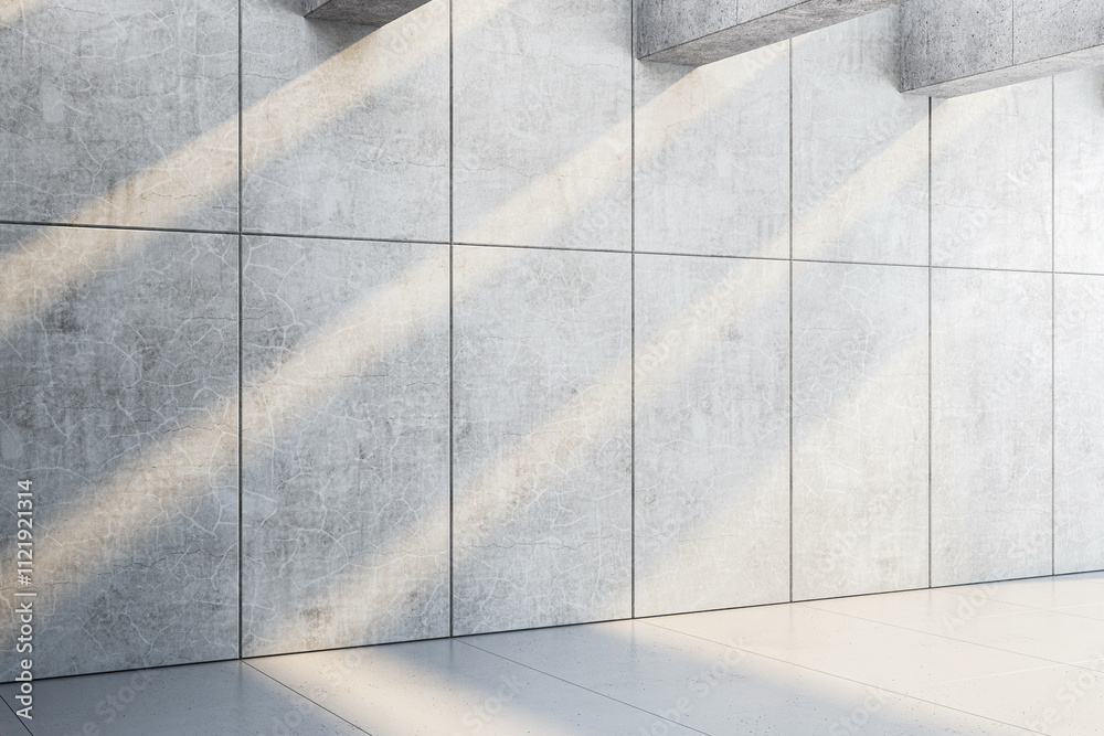 Poster Minimalist concrete wall with sunlight streaming across tiles, creating a soft shadowed texture. Perfect for clean aesthetic backgrounds. 3D Rendering