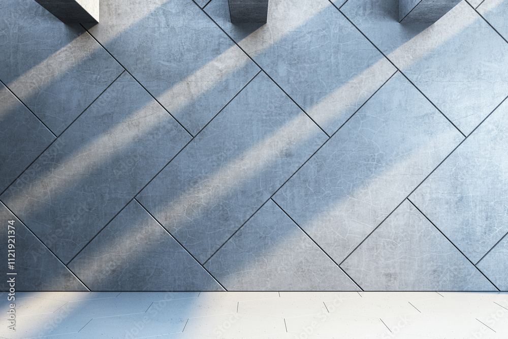 Poster Abstract concrete wall with sunlight and shadows in a clean, minimalistic environment. Perfect for background or design template. 3D Rendering
