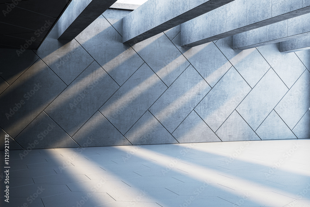 Poster abstract concrete room interior with sunlight casting shadows on tiled walls and floor. 3d rendering