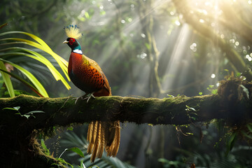 Vibrant pheasant perched on mossy branch in sun-dappled rainforest.
